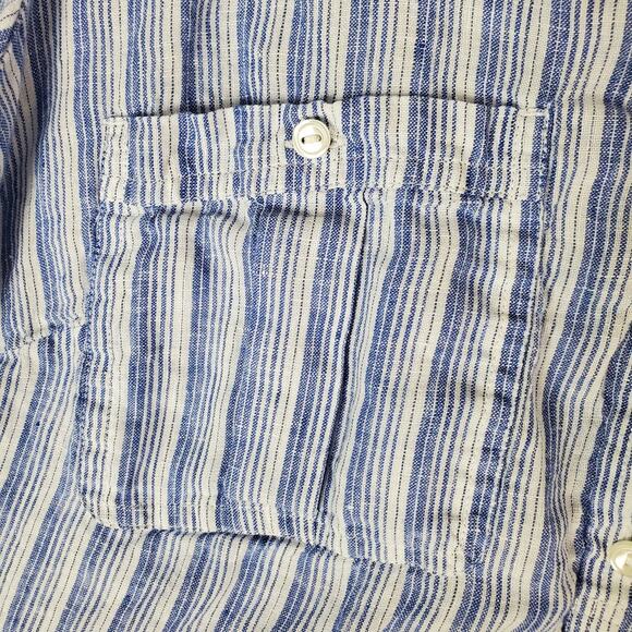 Talbots Womens Blue V-Neck Linen Striped Button Down Roll Tab Blouse Size 1X - Picture 5 of 6